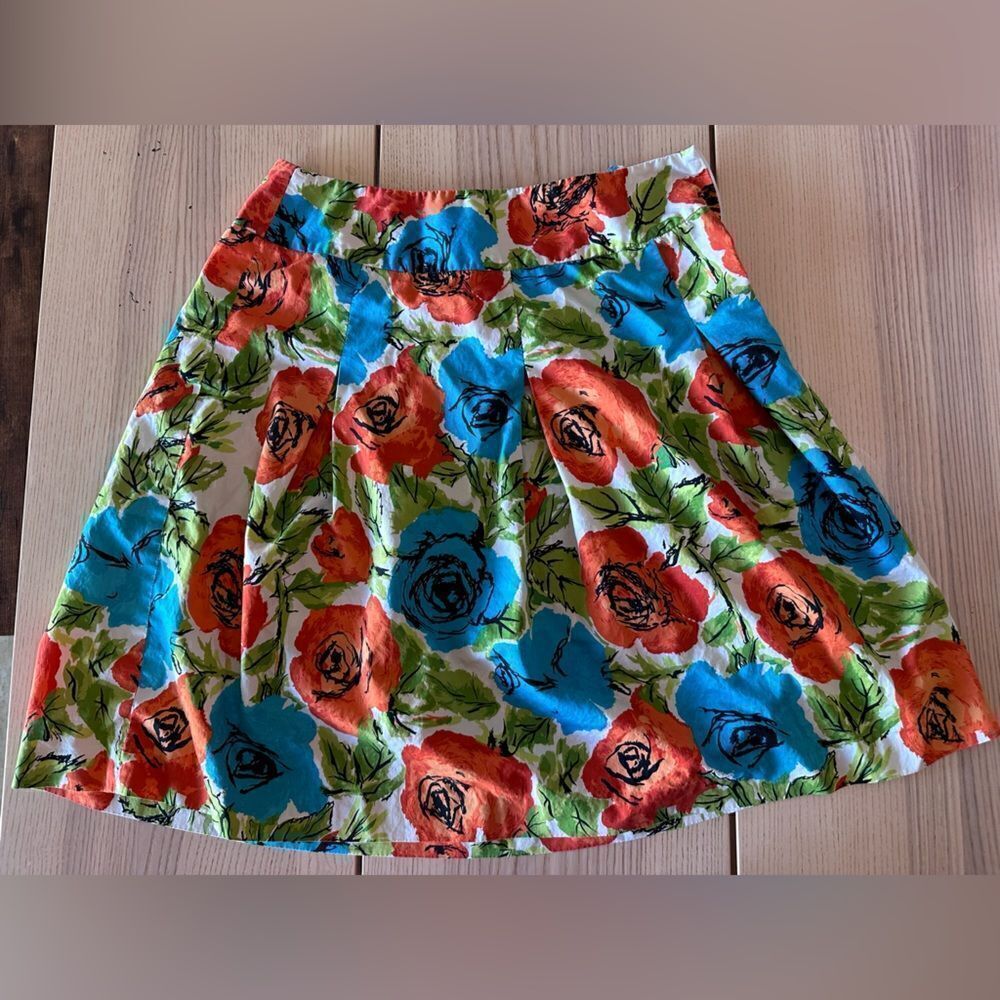 Talbots Pleated A Line skirt with bold orange, blue, and green floral print -6P